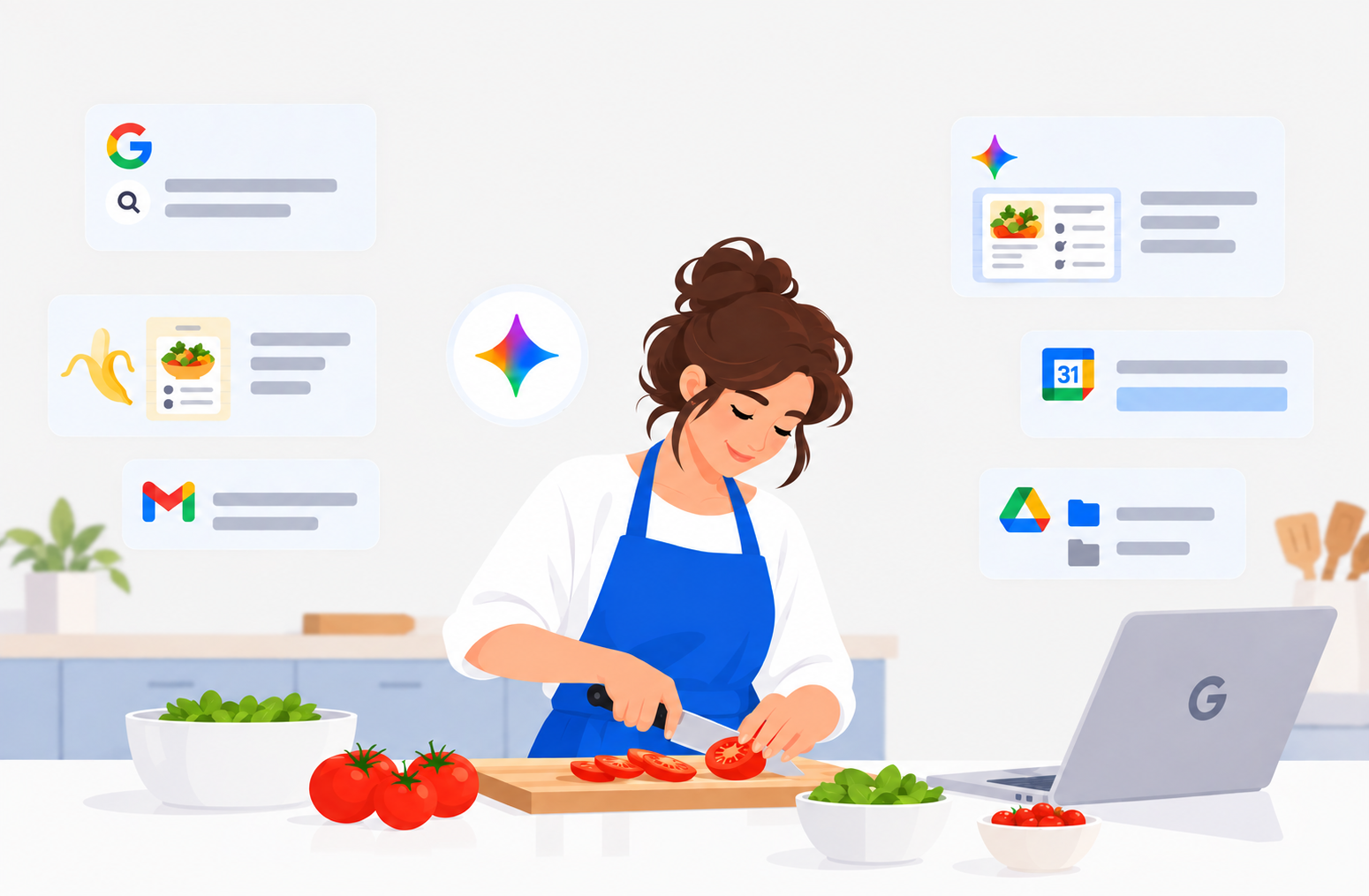 Illustration: a chef preparing food in her kitchen, with AI tools working quietly around her
